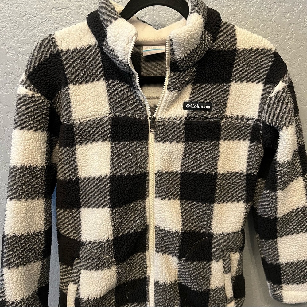 Columbia fleece jacket girl’s west bend full zip black white checked L (14/16)